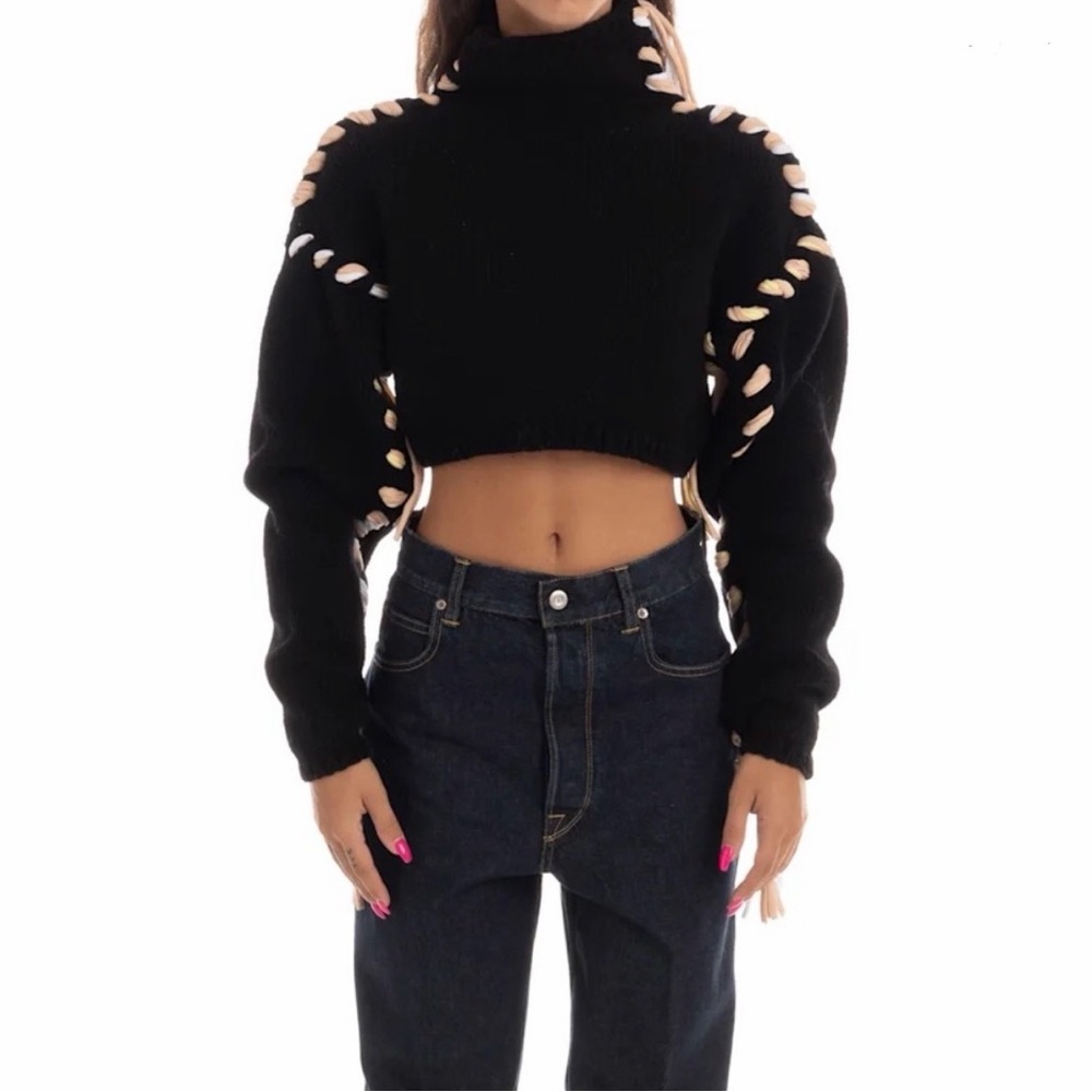 Acne Studios Women's Sweater Kacee Lace-Up Wool Black Cropped Sz. L
